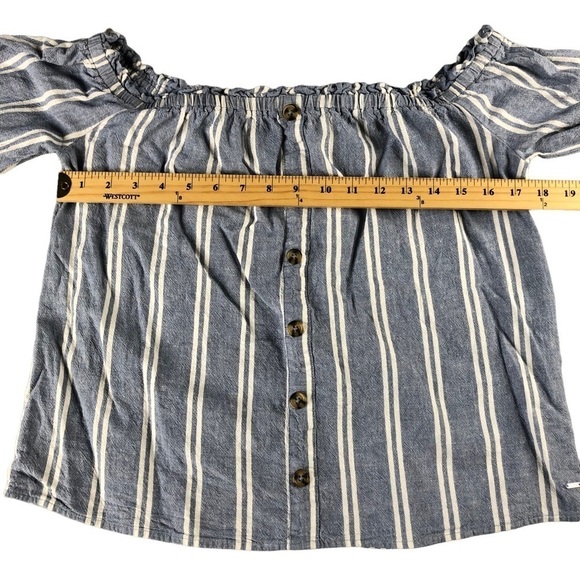 Guess Womens Small Blue White Pin Stripe Off Shoulder Linen Blend Top - Picture 5 of 7